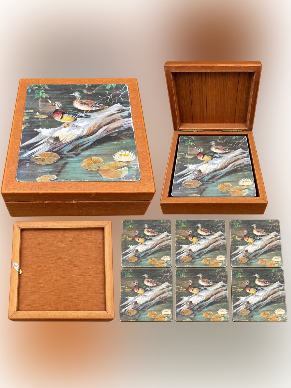 Vintage Maynard Reese Duck Coasters with Wood Box, 1970s Set